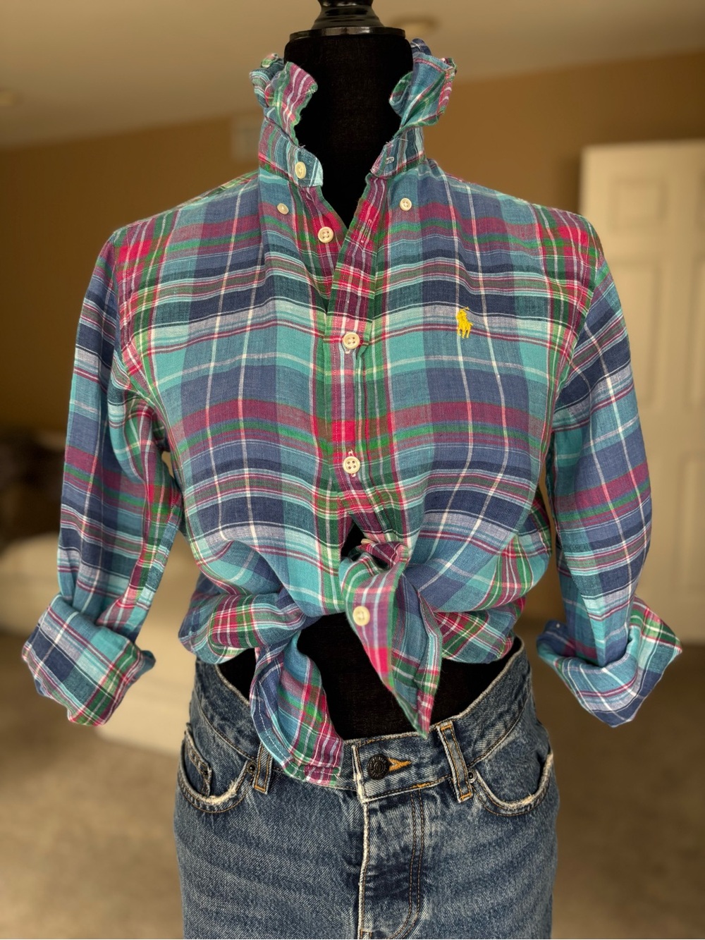 Polo by Ralph Lauren Teal, Blue & Pink Plaid Button-Down Shirt